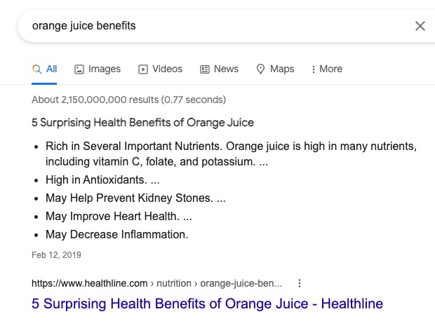 Featured snippet pavyzdys